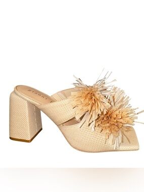 Gianni Bini Sandals Women BeigeRaffia Fringe Block Heel Slide Size 10